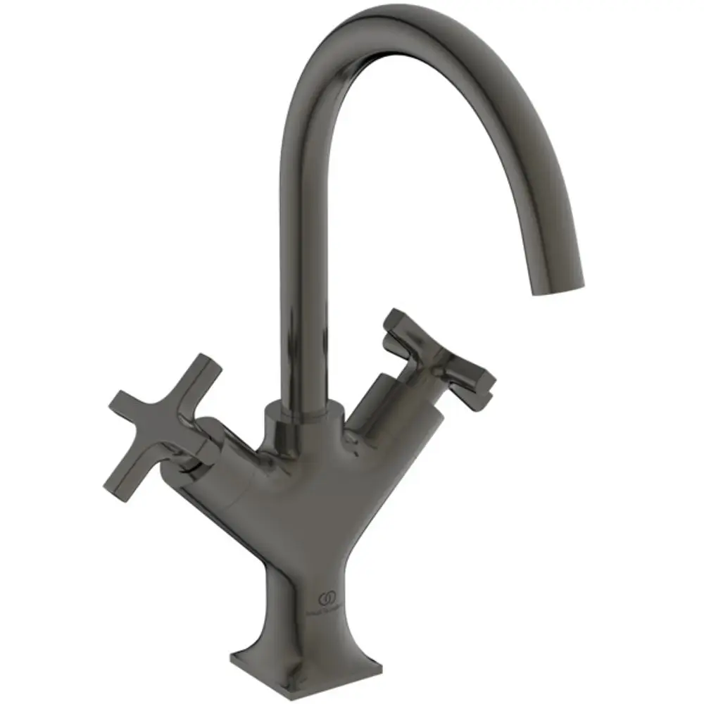 Waschtischarmatur mit zwei Kreuzgriffen und geschwungenem Auslauf in der Farbe Magnetic Grey von Ideal Standard.